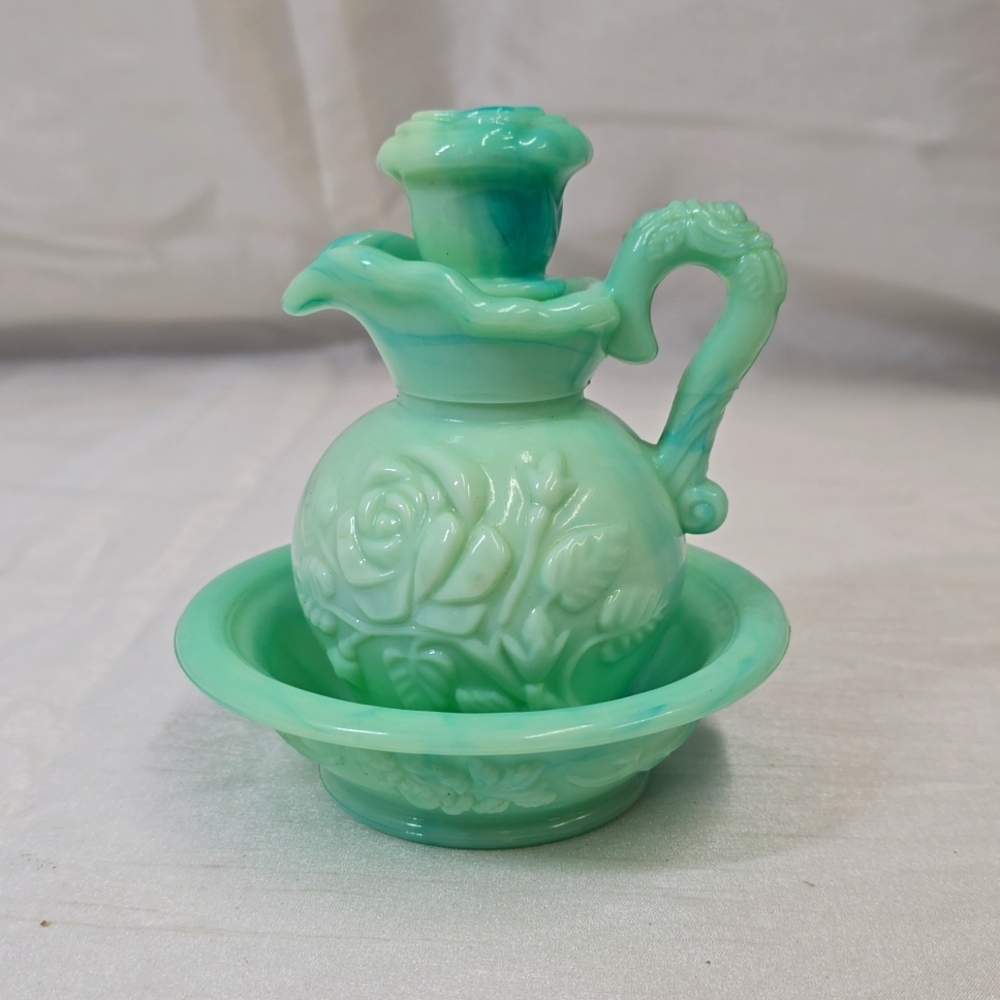 Avon Vintage Skin So Soft Oil Jar(Empty) w/ Stopper and Dish Jadite Colored